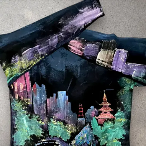 Lisa & Me Sweater Womens XL Hand Painted San Francisco Skyline Vintage Artsy Y2K Black