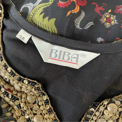 Biba Silk Chiffon Indian Kurta Sequin Floral Black Red Green Gold Size 38 Medium