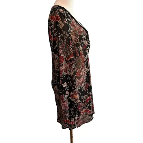 Bandolino Crochet SZ 14 Top Black Flower Tunic Boho Y2K Long Sleeve Pleated