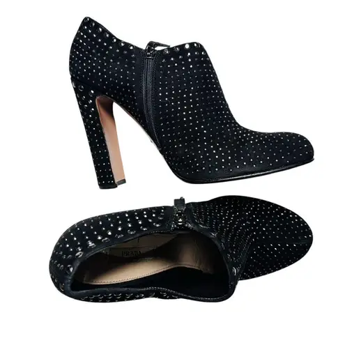 Prada Studded High Heel Ankle Boots in Black Suede Size 40