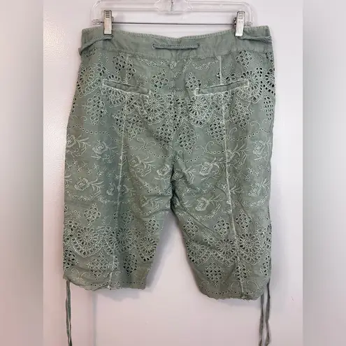NWT Sundance Sage Green Eyelet Lace Bermuda Boho Shorts Tie Scallop Hem Size 10