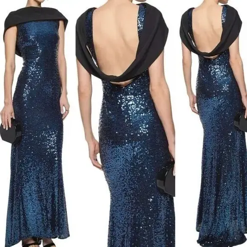 Badgley Mischka Sapphire Sequin Gown Maxi Low Back Dress $770 - Size 6