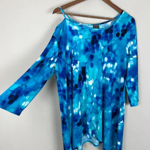 Clara Sun Woo Tunic Top Womens XL Blue Handkerchief Hem Cut Out Printed Artsy