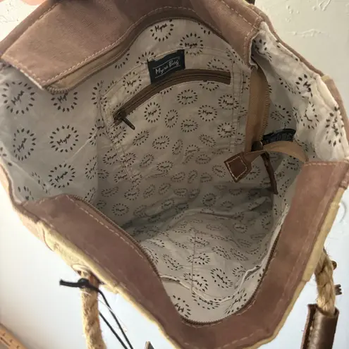 NWT Myra Bag Desert Cactus Print Canvas Leather Tote Bag Western Tan