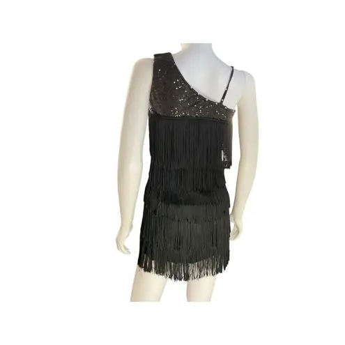 Balera Sequin Fringe One Shoulder Dress Black Sleeveless Flapper Costume