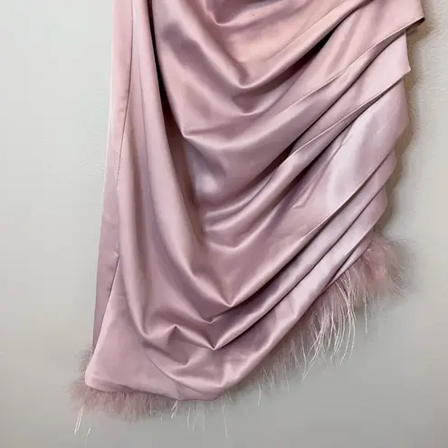 Lavish Alice Feather Trim Satin Asymmetric Ruched Strapless Bandeau Dress Rose Pink Size 6