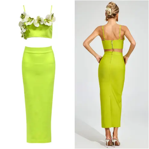 Rajiv Flower Bandage Skirt Set Green 3D Floral Size Small Stunning