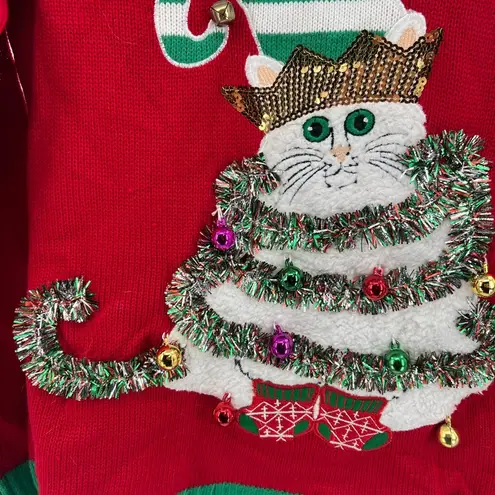 33 Degrees cat Christmas sweater tinsel bells s ugly sweater sequins embroidered Red