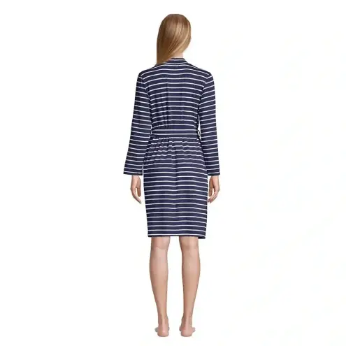Lands' End Lands’ End Cotton Above Knee Length Robe Deep Sea Navy Stripe Plus Size 1X - 2X
