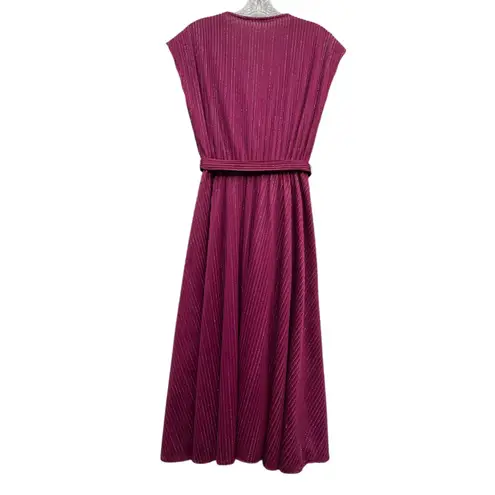 Vintage Women's Plunging V Neck Wrap Midi Dress Metallic Belted Pleated Pink S Purple