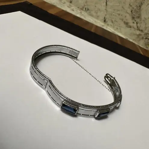 Pacific&Co Vintage Signed NuWite R&G . Art Deco Hinged Bangle Bracelet Safety Chain Blue