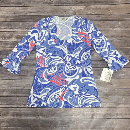 Katherine Way White Pink Blue Periwinkle 3/4 Circular Flounce Sleeve U Neck Top Size XS