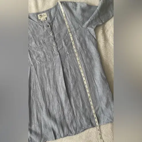 Andrea Jovine Blue 3/4 Sleeve Bib Collar Tunic 100% Linen Chambray