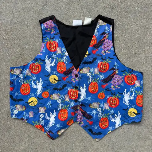 Vintage 90s Basic Editions Halloween Vest Jack'o'Lantern Ghost Bat Full Moon 2X Black