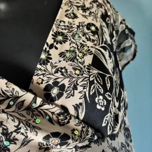 Signature Robbie Bee 8P Black Brown Floral Dress V Neck Sequin Silk Classic Chic