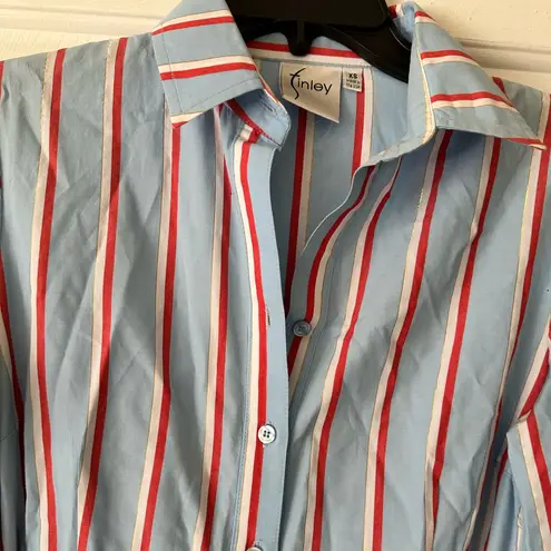 Finley Eliss Blue, red, gold and white striped cotton shirt dress. Size XS Blue