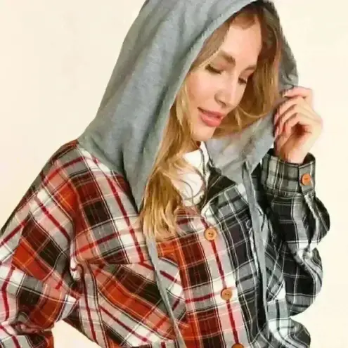 Rust and Charcoal‎ Grey Plaid Button Down Hoodie Top Orange