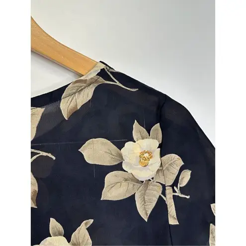 Designs by Pat Argenti Shirt Womens Short Sleeve Floral Blouse Black/Tan Size Sm Black