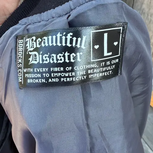 NWOT Woman’s RETIRED Beautiful Disaster “Stronger” Black Bomber Jacket Sz Large