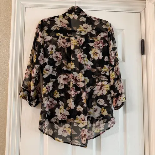 Leith Nordstrom Semi Sheer Drape Front Floral Blouse Top Size Medium