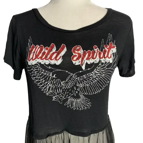 Vintage Y2K Wild Spirit Cropped Top S Black Sheer Ruffle Short Sleeves Eagle