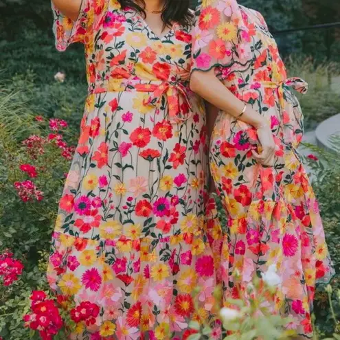 One Loved Babe Tan Orange Red Yellow Pink Floral Embroidered Tulle Maxi Dress. Size undefined