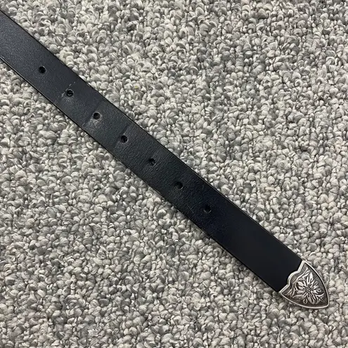 Vintage Western Black Leather Edgy Floral Buckle Silver Hardware Skinny Belt