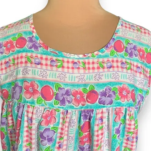 Vintage 80s Dress Colorful Fruit Floral Red Gingham Checkered Tropical Print Blue Size M