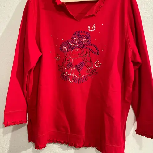 Quacker Factory  Sweater Women 1X RedCountry Cowgirl USA Rhinestone Ruffle