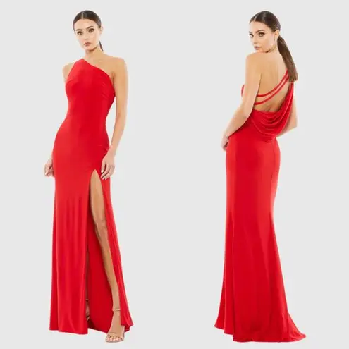 Mac Duggal NWT 6 Red Jersey One Shoulder Draped Back Slit Cocktail Gown strappy