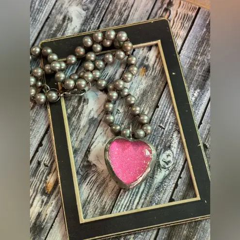Pink Glittery Glass Heart Necklace on 20” Faux Navajo Silver Pearls