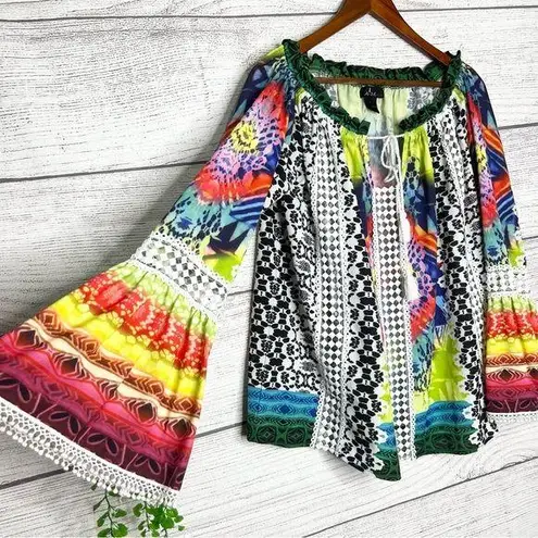 Alberto Makali Colorful Bohemian Bell Sleeve Top Size Medium Sheer Crochet Boho