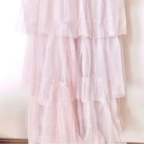 Arula Pink & Silver Speckled Glitter Halted Tulle Tiered Maxi Dress.
