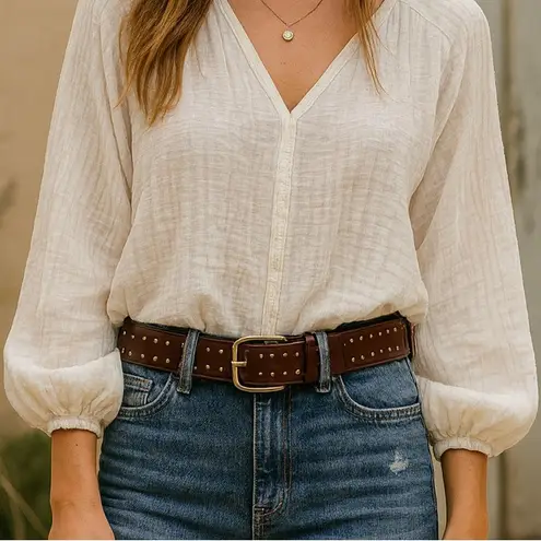 Western Boho Brown Studded Genuine Leather Belt Antique Gold Women’s Size Small
