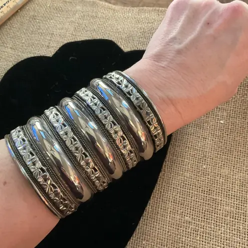 Wide Silver Cuff Bracelet With Intricate Floral Pattern Design For Women