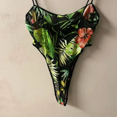 Laqueen Black Tropical Print Mesh Bodysuit Size L GUC Size L