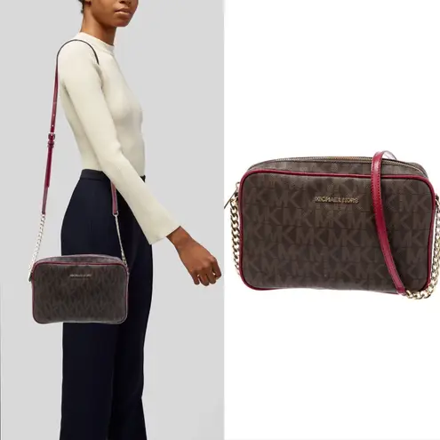 Michael kors Signature jet set east west brown monogram wine red crossbody bag
