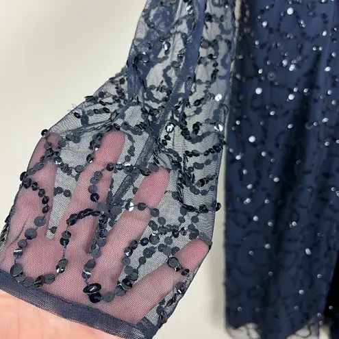 Papell Boutique Dress 16 Navy Blue Sequin Sheath Sheer Long Sleeve Cocktail Zip
