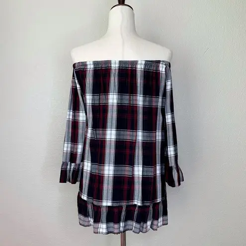FOR THE REPUBLIC Plaid Off Shoulder Bell Sleeves Peplum Top
