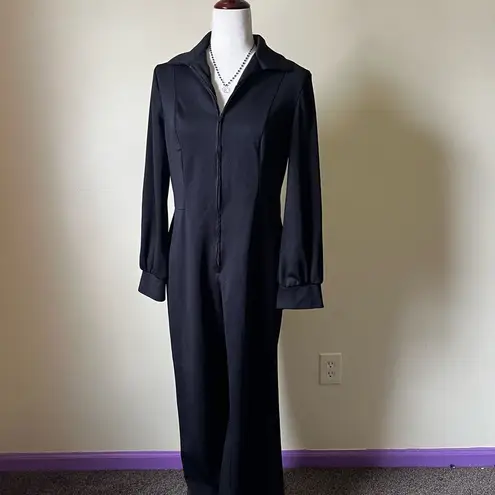 70s Vintage Black Wide Leg Jumpsuit Disco Long Sleeve Zip Front Union Made USA Size L