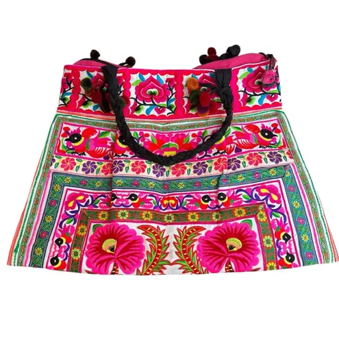 Handmade Thailand Eclectic Embroidered Tote Bag Bright Artsy Vibrant Beach