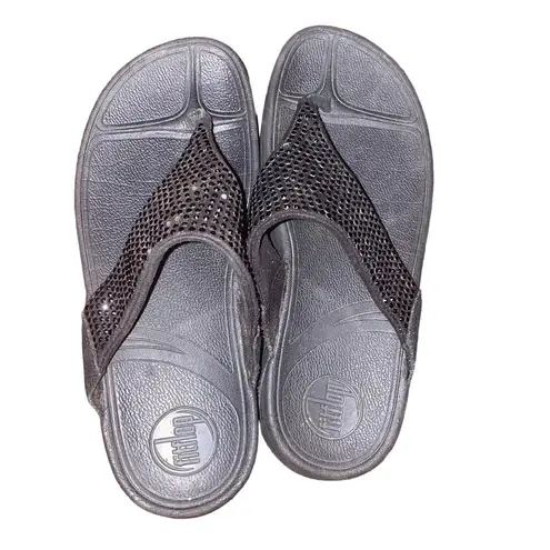 FitFlop Lulu Rhinestone embellished wobble Board t-strapped sandals size 7 black