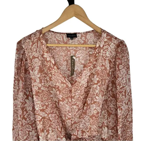 Zenobia Burnt Sienna Floral Blouse sz 2X Ruffle Cuff Tie Waist NWT Long Sleeves