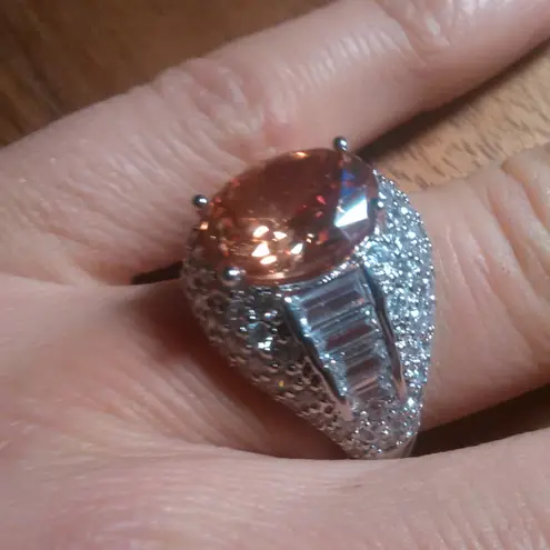 Simulated Champagne Color and White Diamond Brass Ring (Size 7)