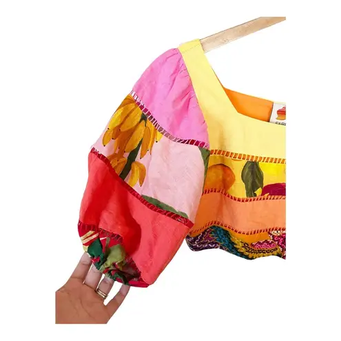 Farm Rio Tiered Top Rainbow Mixed Print Cropped Linen Multicolor Puff Sleeve Sm