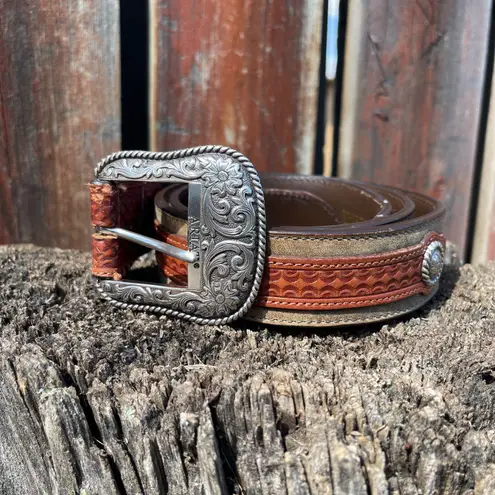 Ariat Brown Tan Tooled Leather Western 2007 Limited Edition Large Buckle Belt