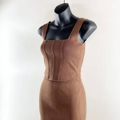 Miou Muse Knit Set Cropped Corset Top High Rise Midi Skirt Brown Small