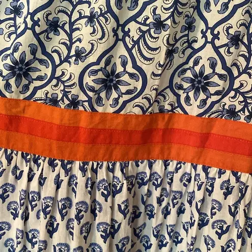 Anthropologie Ro's Garden Cotton Tiered Maxi Dress Blue White SMALL