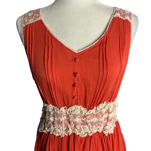 Vasna Fit N Flare Cotton Lace Dress L Coral Orange V Neck Lined Boho Knee Length Size L