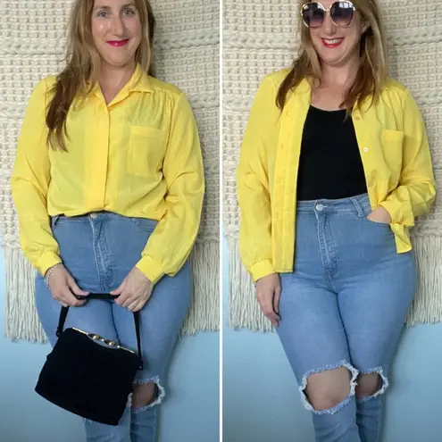 Vintage bright yellow light crinkle texture button down blouse size medium M